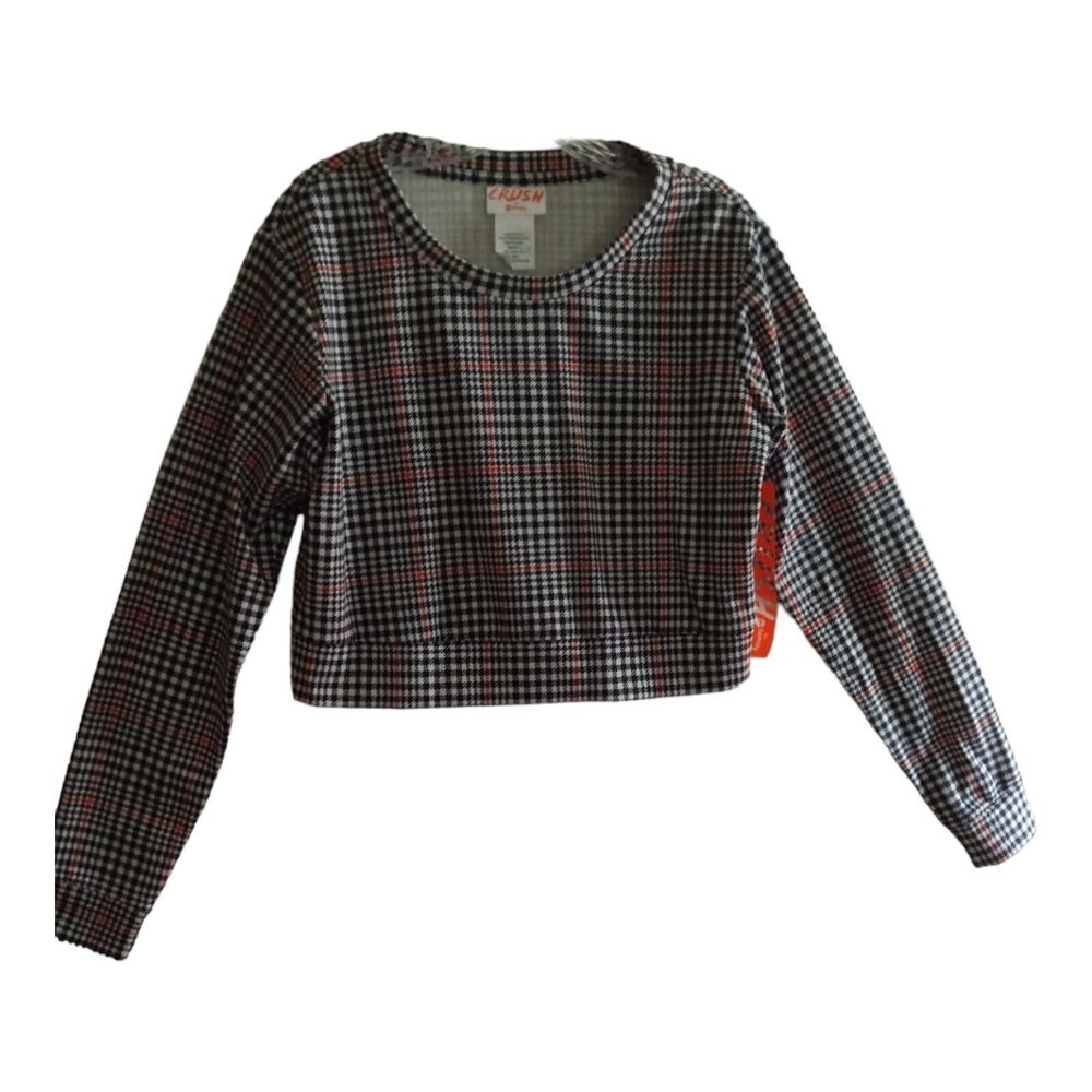 CRUSH Crop Top ABC Family Womens Large Houndstooth Plaid Long Sleeve NWT